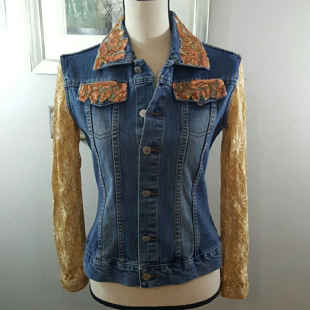 🎉 Street Code NY denim sequin lace jean jacket M